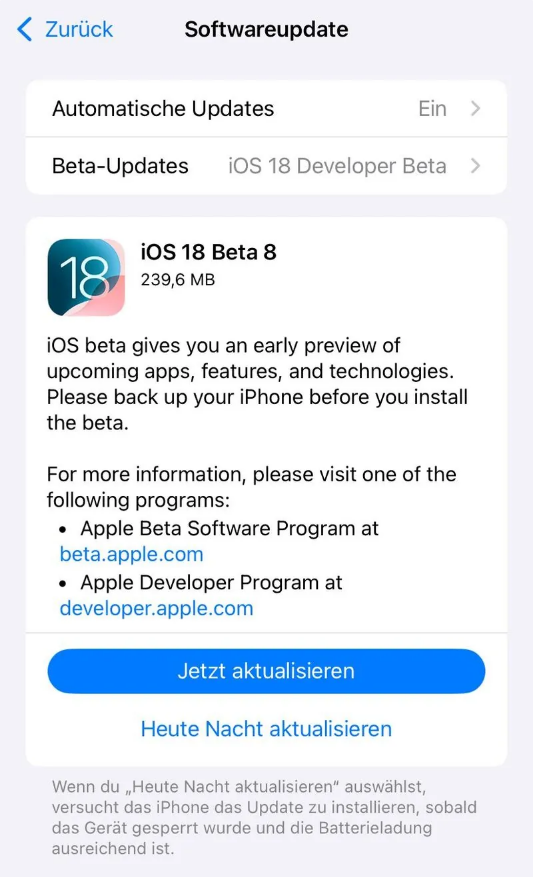 霞浦苹果手机维修分享苹果 iOS / iPadOS 18 开发者预览版 Beta 8 发布 